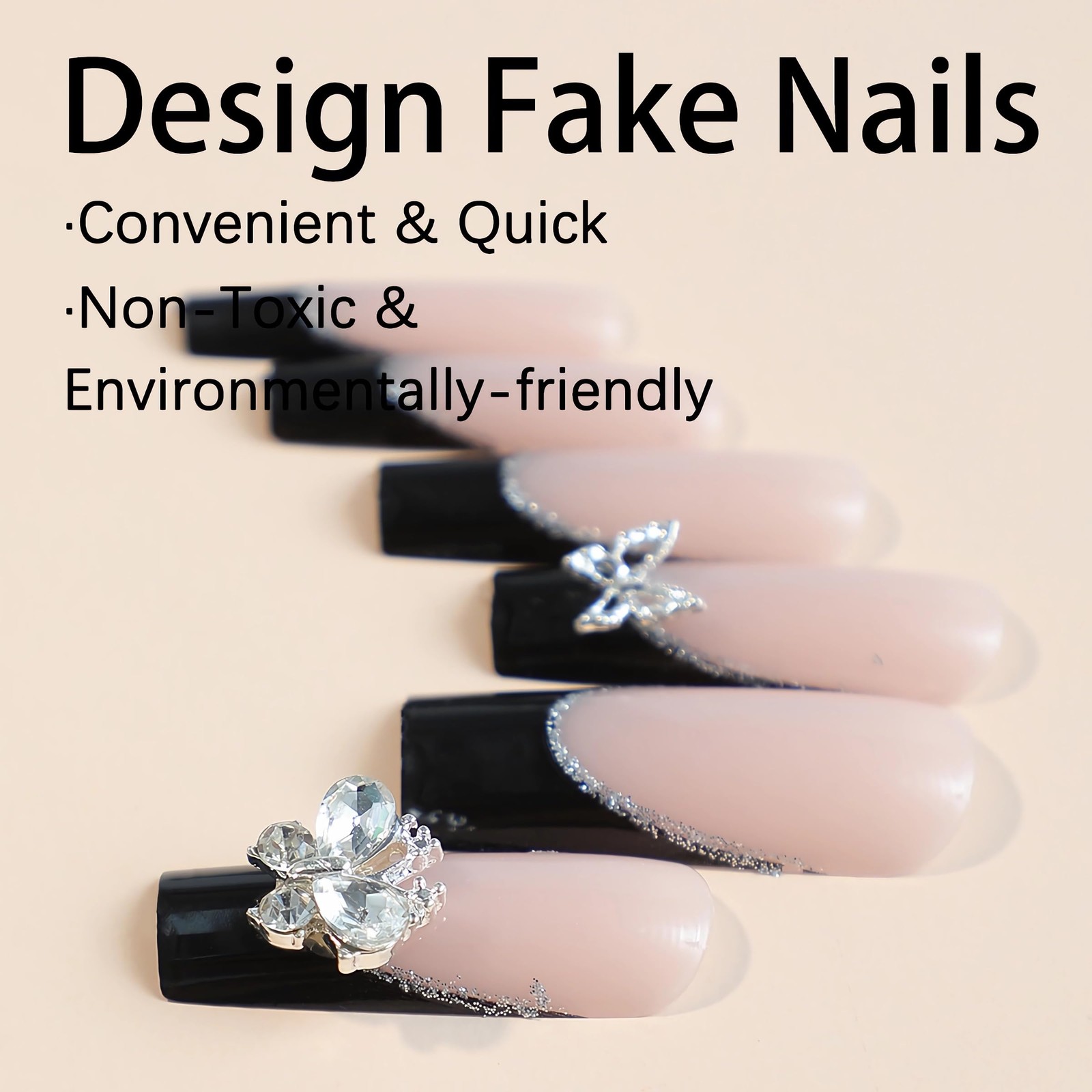 Square Press on Nails Long Fake Nails Black French Glue on Nails Butterfly