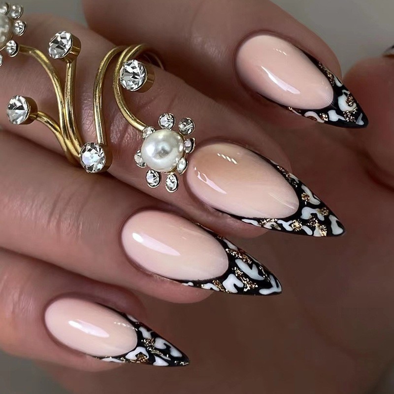 48Pcs-Nude Black Marble French Stiletto Press on Nails Gold Flake Elegant Nails