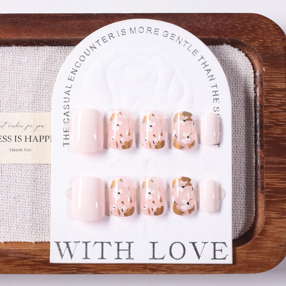 24Pcs Multicolor Floral Round Square Head Acrylic Full Cover Tips Press On Nails