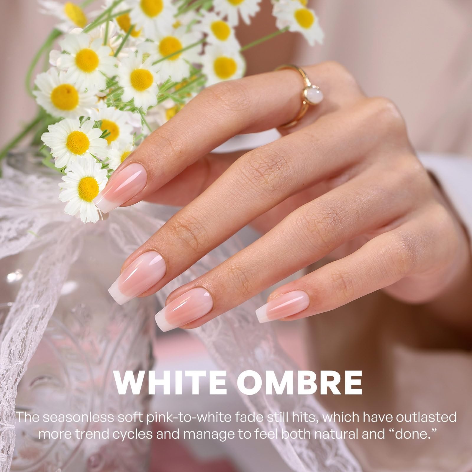 Milky White French Tip Press-On Nails – Soft Gel Ballerina Ombre, 32 Pcs, Reusab