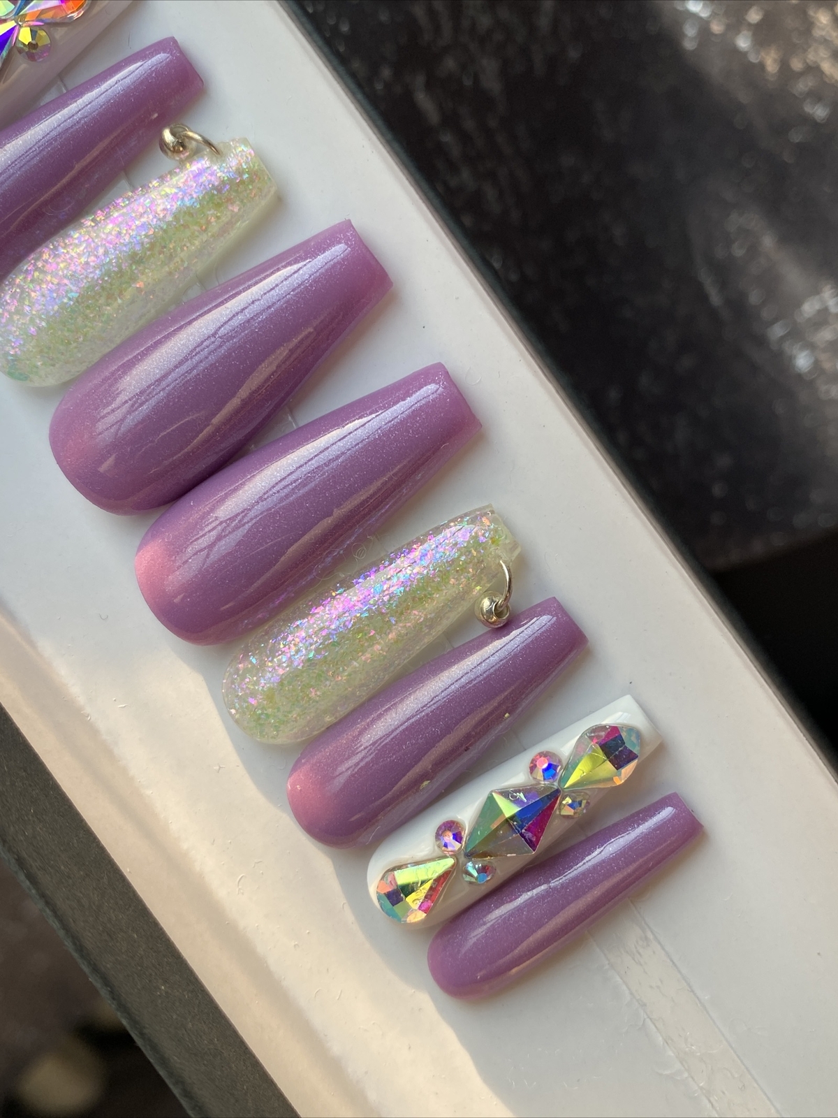 🔥CUSTOM Gel Press On False Nails, Purple w/ BLING 10 set, w/ FULL KIT NEW MED