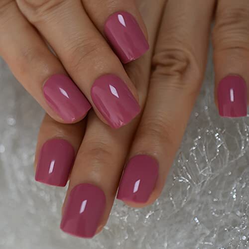 Reuseable Shiny Press on Fake Nails Dark Pink Square Short Gel Cover L5659