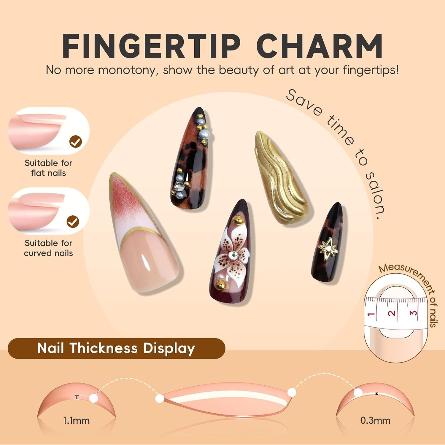 Luxury Long Almond Press-On Nails: 3D Brown Flower & Rhinestone Charm Set