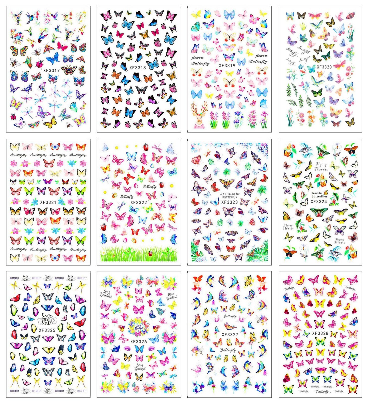 12 Sheets Set Nail Art Stickers Butterfly Bug Birds series Insects & Flower NS34