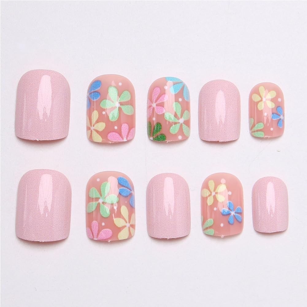 Colorful Flower Press On Nails Short square Light Pink Acrylic, Full Cover Gl…