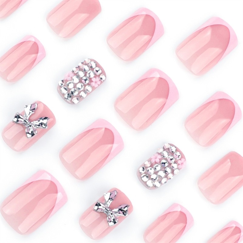 24 Pieces Luxurious Press on Nail Short Square False Nail with 3D Bows Designs