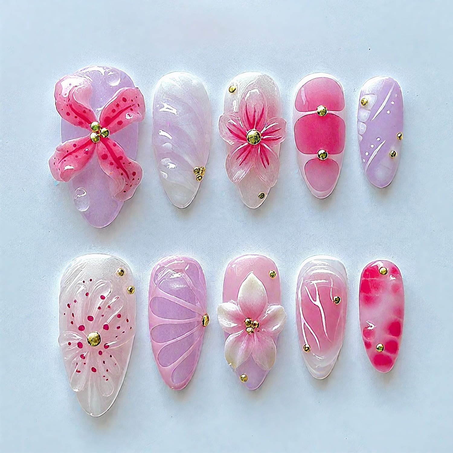 30Pcs Pink Flower Press on Nails Medium Almond Fake Nails with Gold Pearl Rhi…