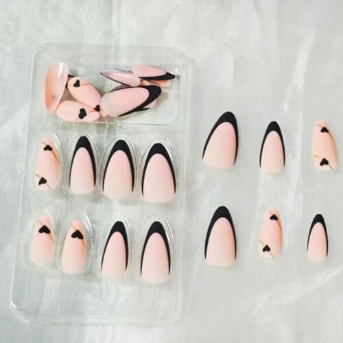 Black French Tip Press on Nails Medium Almond Fake 1 Fl Oz (Pack of 1) Style003
