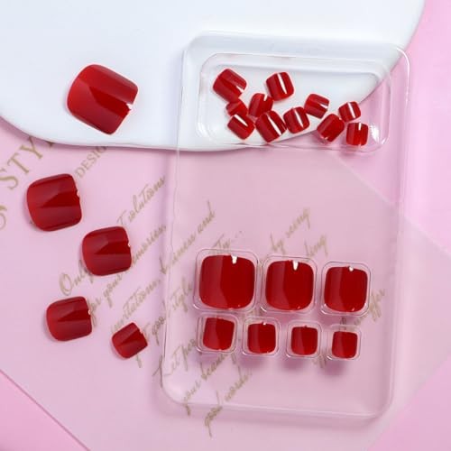 Red Square Press On Toenails 24Pc Glossy ABS False Toe Nails
