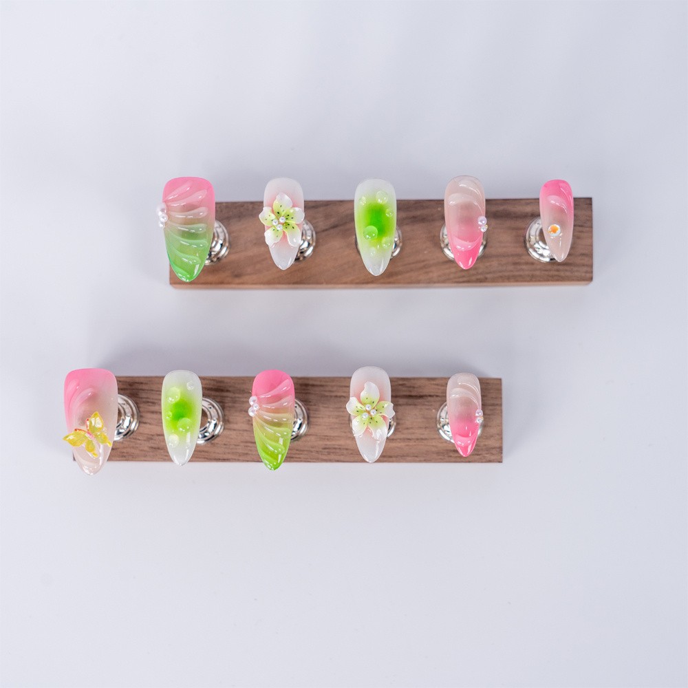 Handmade Press On Nails High Quality Pink Green Gradient Floral Almond Fake Nail