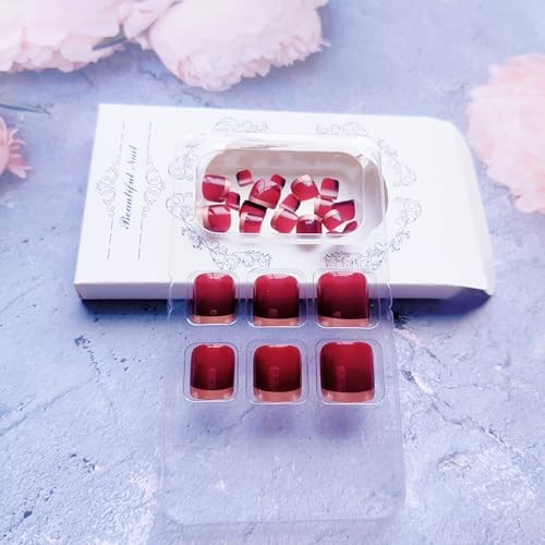 Wine Red Press on Toenails Short Square False Toenails with Designs Glossy Q25