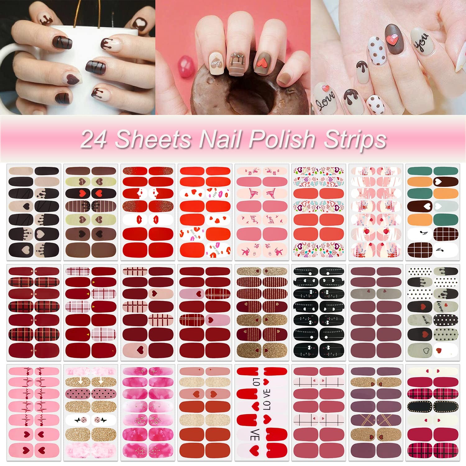 24 Sheets Valentine’s Day Nail Wraps for Women Stick On Nail Polish Strips Ge…