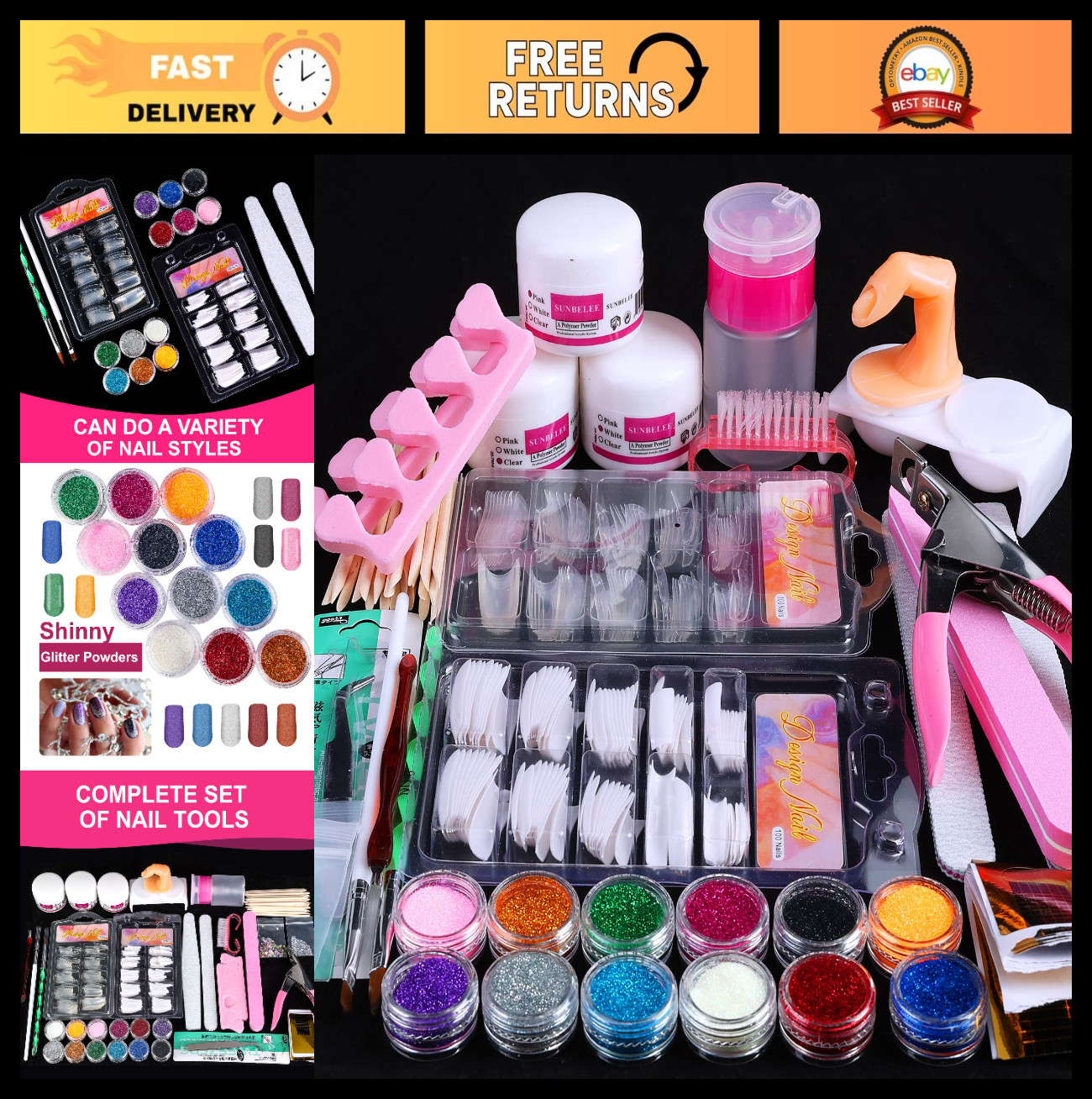 Acrylic Nail Kit for Beginners – DIY Nail Extension Set, 3 Colors & 12 Glitter P
