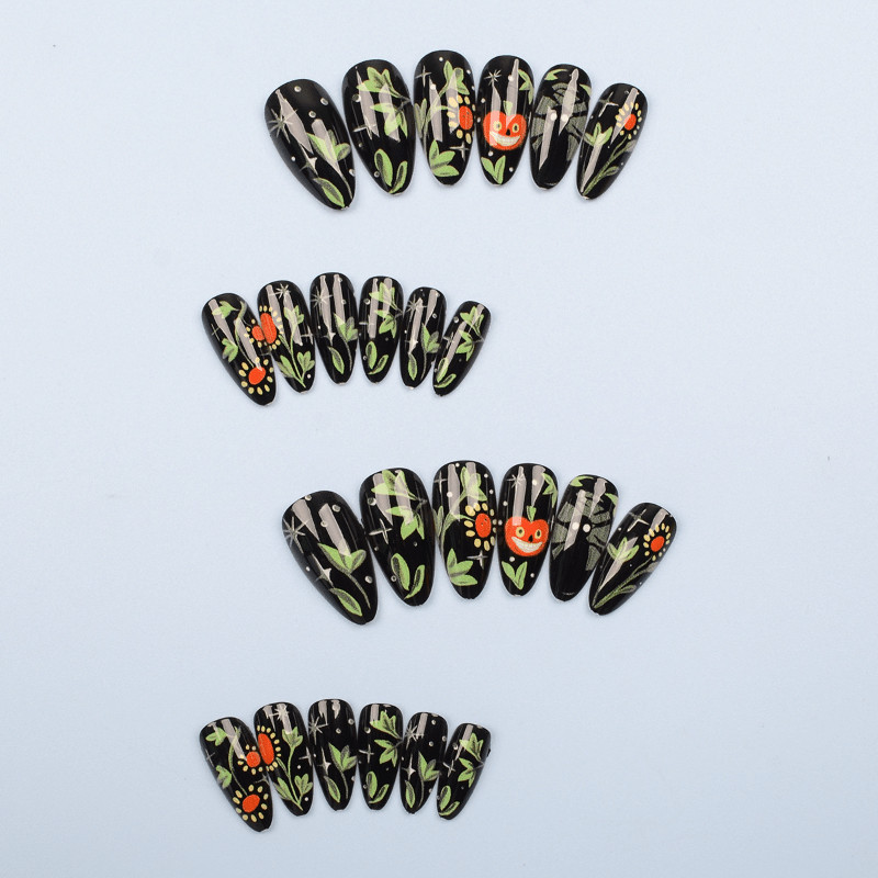 48Pcs-Long Almond Black Base Green Botanical Pumpkin Halloween Press on Nails
