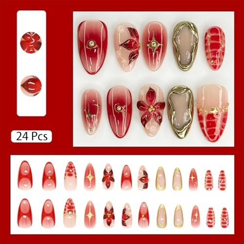24 Pcs Red Flower Press on Nails Medium Almond Fake Nails with 3D Red Flower-7