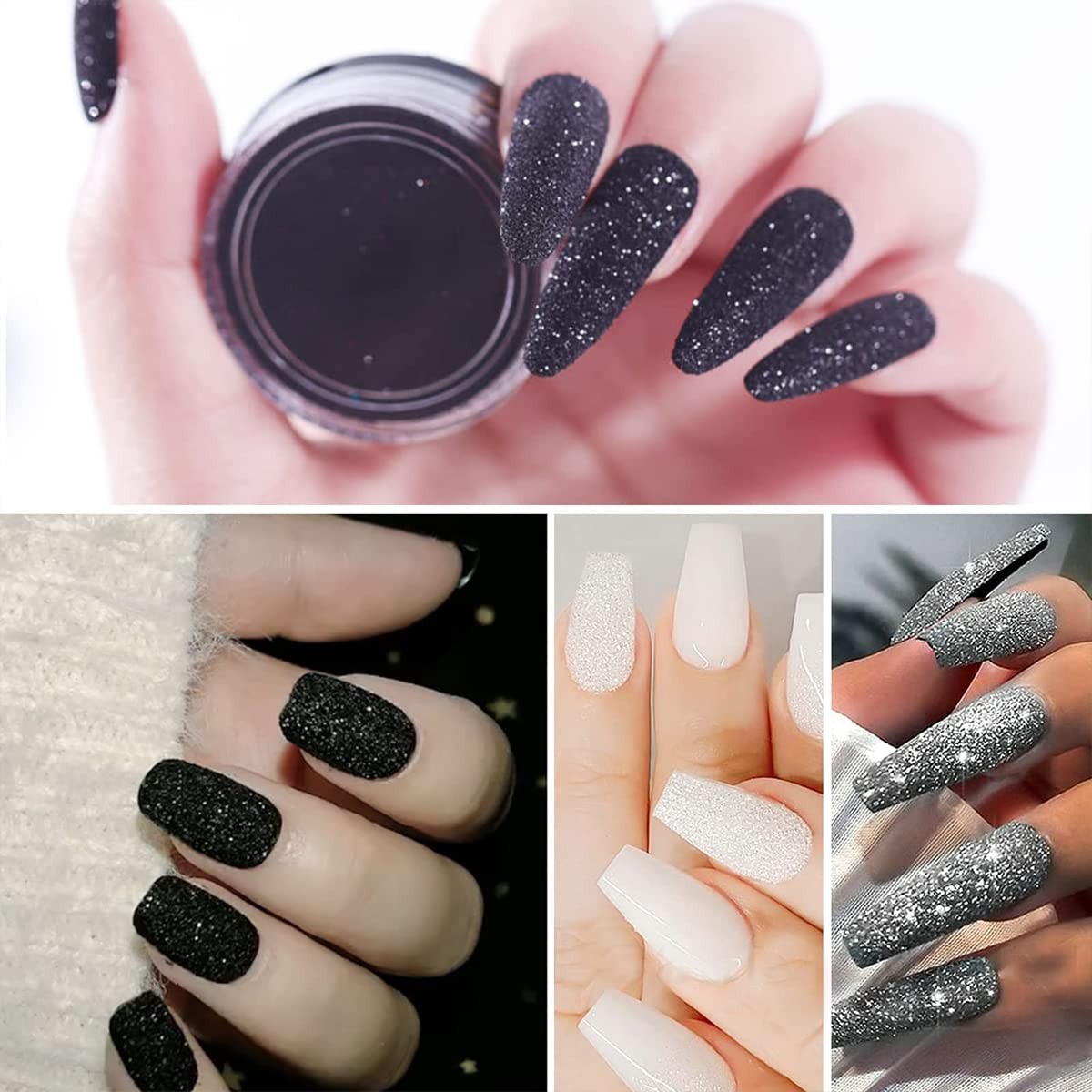 6 Jars Nail Glitter Powder Black White Sliver Dust Sugar Powder, Superfine Fr…