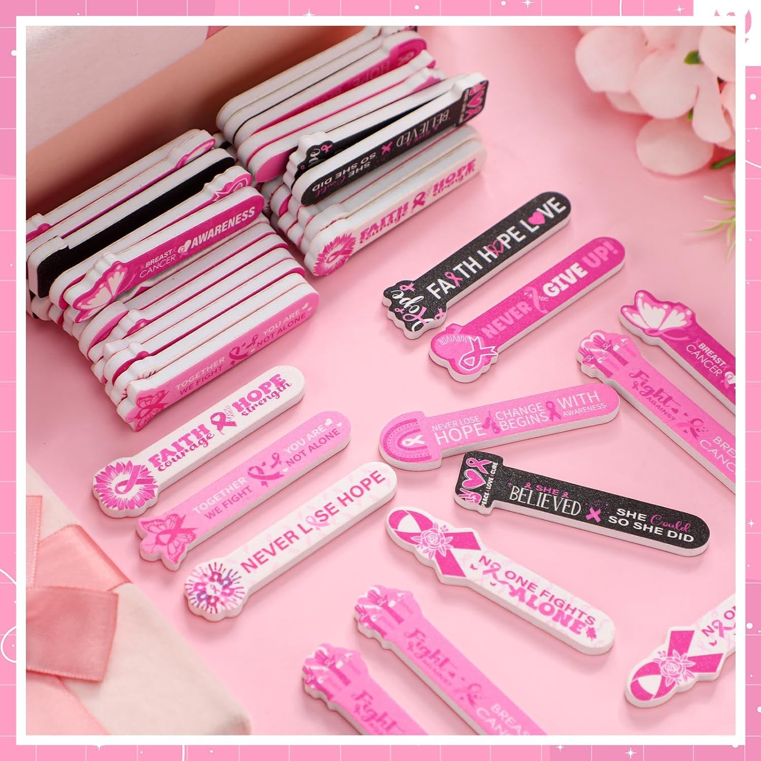 50 Pcs Breast Cancer Awareness Nail Files, Pink Ribbon Manicure Tools | Pink