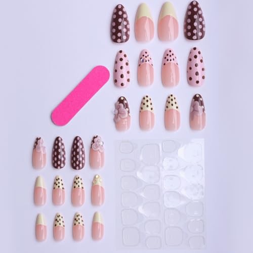 Polka Dot Press on Nails with Flower Accent,Medium Almond Pack of 24 Style-5