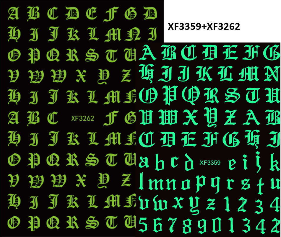 Old English Alphabet Letters Glow in the Dark Nail Stickers Decals Luminous NH21