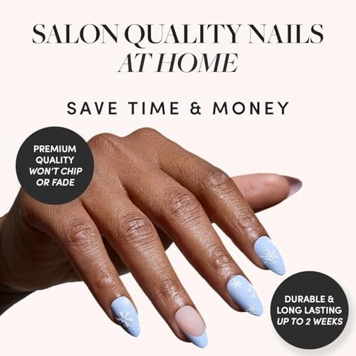 Snow Bunny Nails – Short Almond Fake Nails – Pale Blue with Decorative Trim