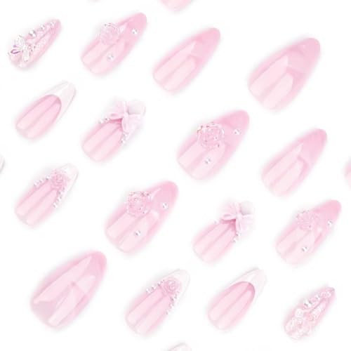 French Press on Nails Pink Medium, 3D Flower Fake Nails Almond Acrylic False