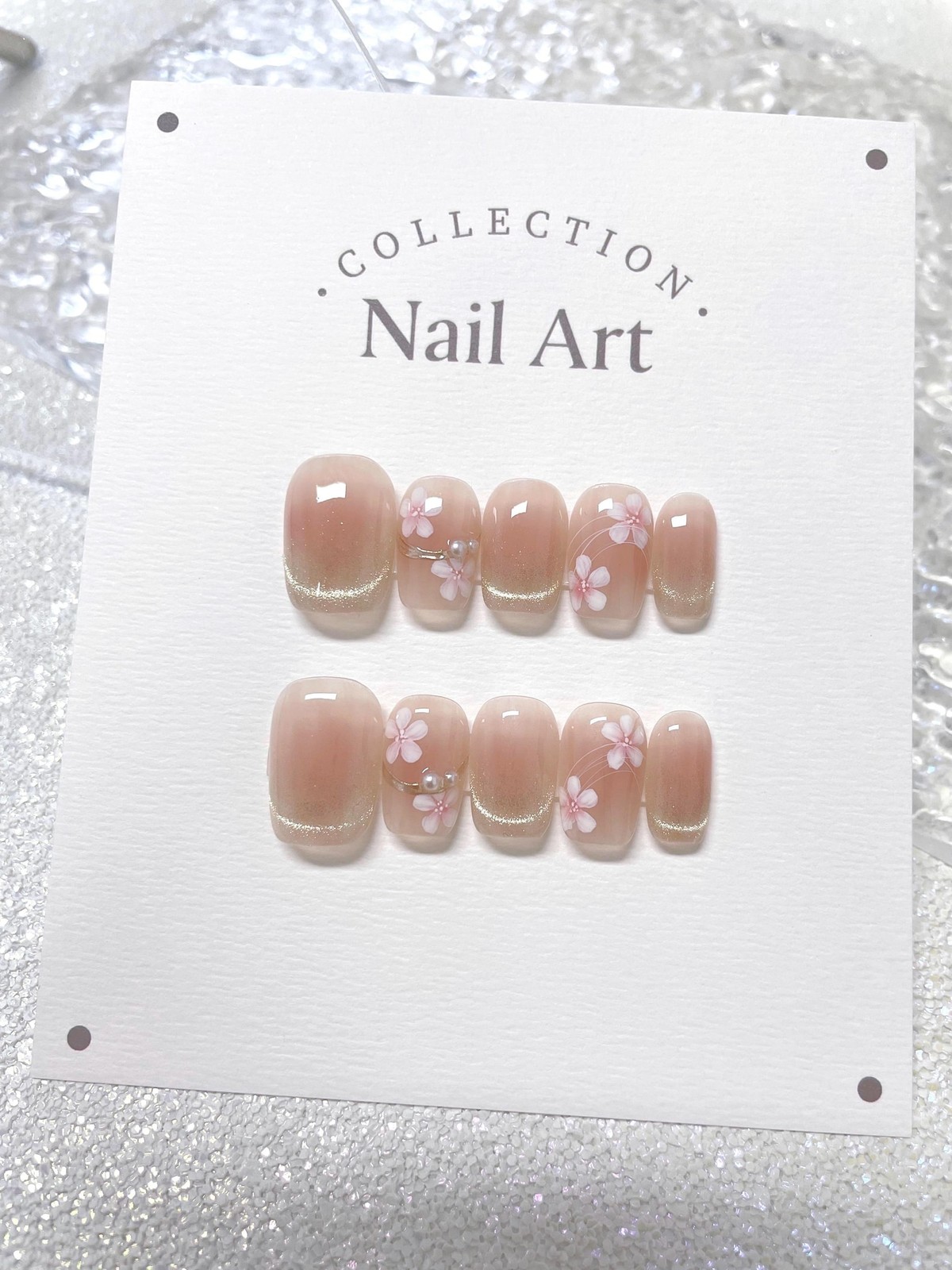 Handmade Pink Floral Gold Glitter Pearl Medium Round Press on Nails Set