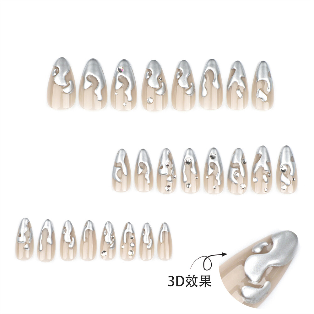 Short Almond Press-On Fake Nail 3D Silver Irregular French Glossy Manicure 24pcs