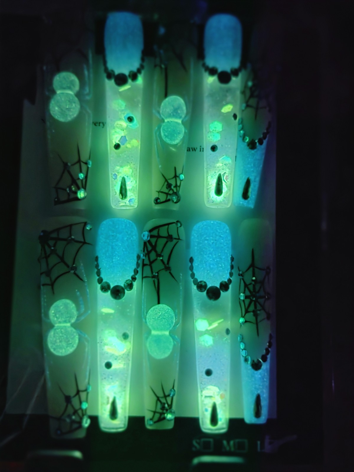 Press On Nails 2xl, Blue,halloween, Spider,water Aqua Nails, Glow N DARK