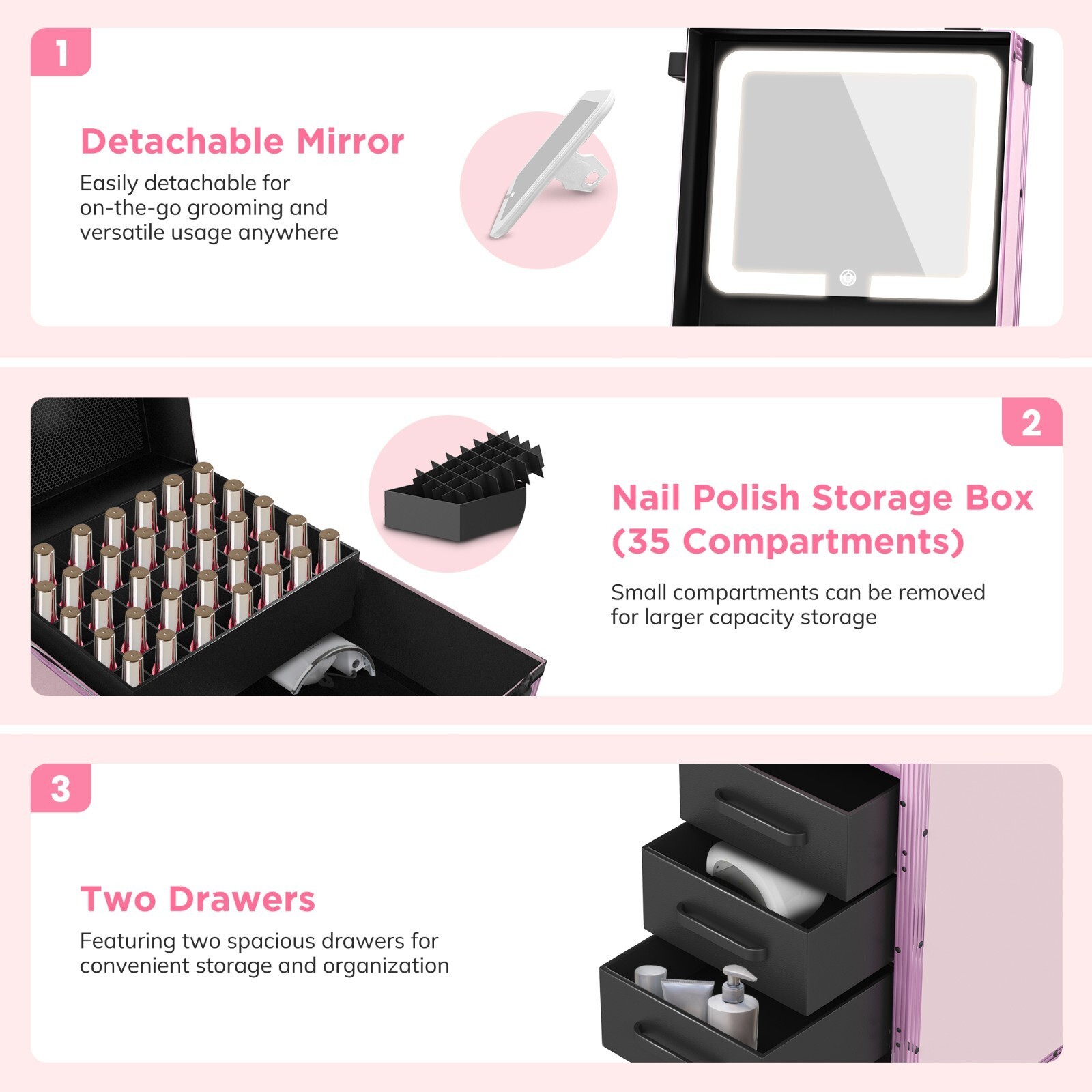 Rolling Portable Manicure Table For Nail Tech Organizer Makeup Case W/3 Drawers