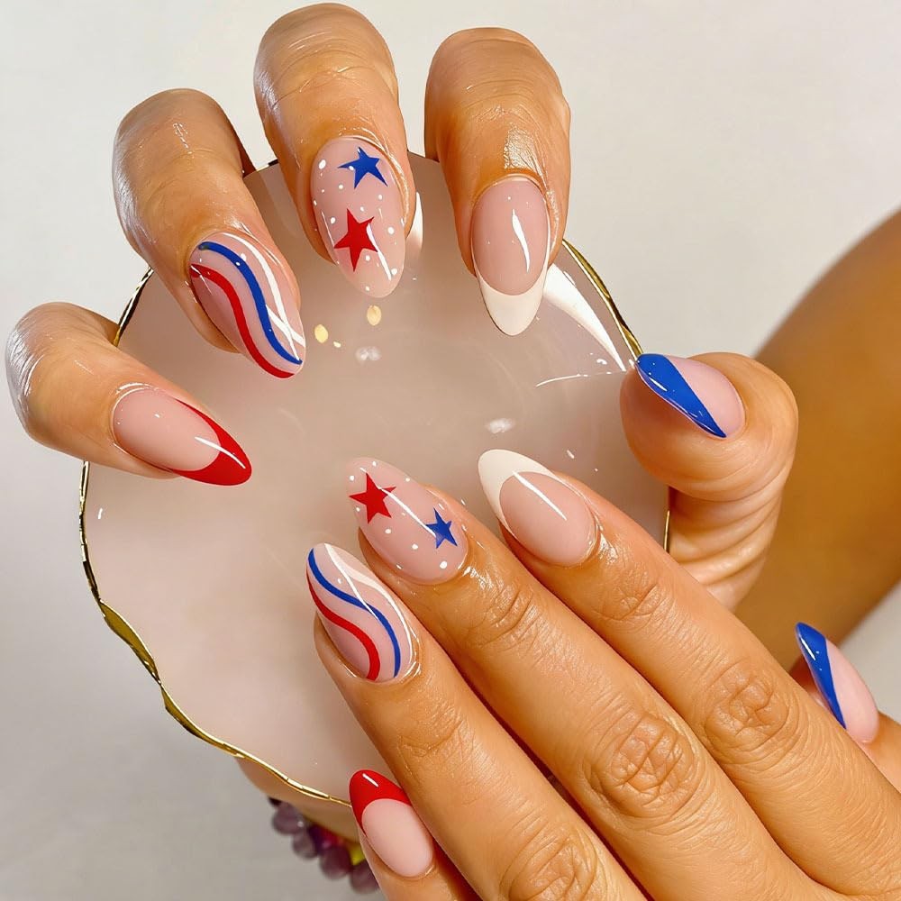 4th of July Press on Nails Medium Almond French Tip Fake Nails Press ons Glos…