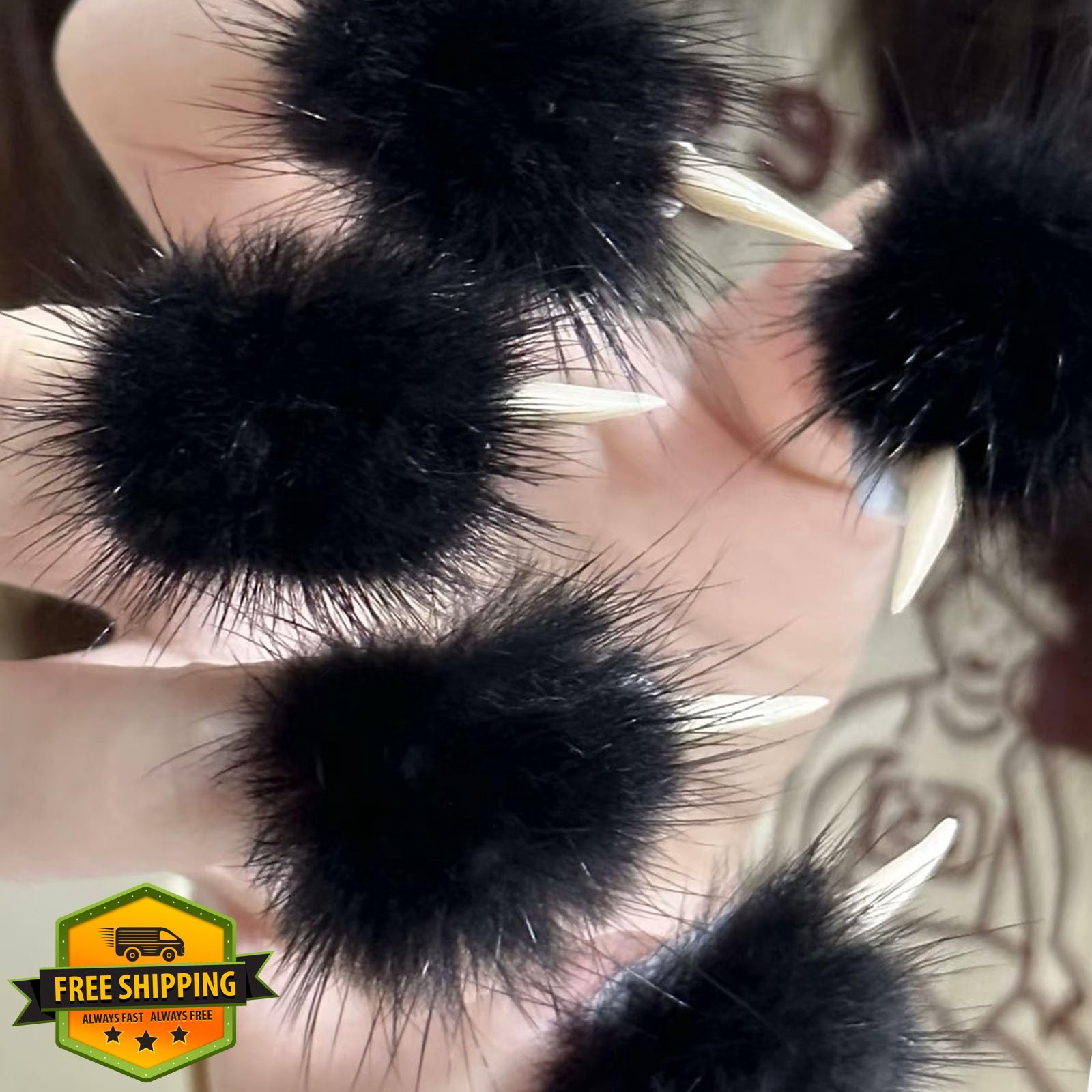 Stiletto Eagle Claw Press On Nails Black Fur Dragon Cat Claw M