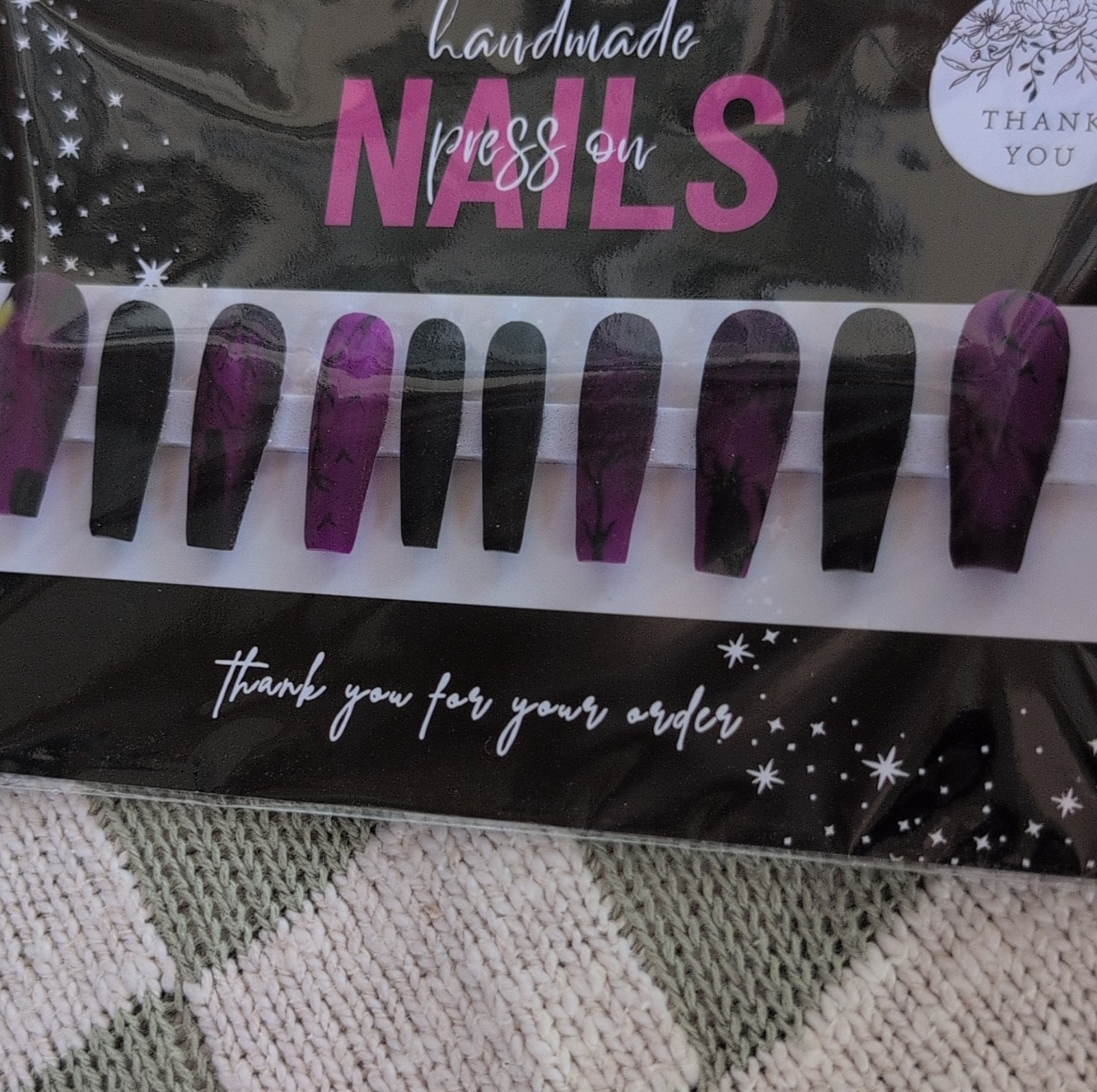 Handmade Press-On Nails Long Coffin Purple Black Sized Extra Small