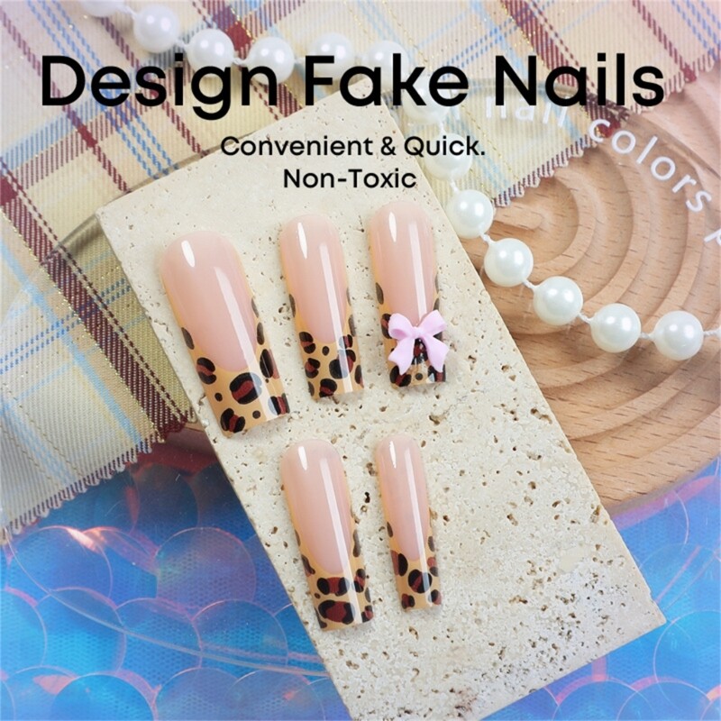 24x 3D Bows On Leopard Print False French Tip Press On