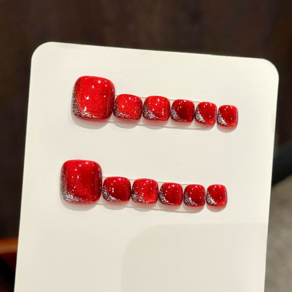 Toe Cat Eye: 12pcs Red Cat Eye Toe Press on Nails Glitter Fake Pedicure Tips