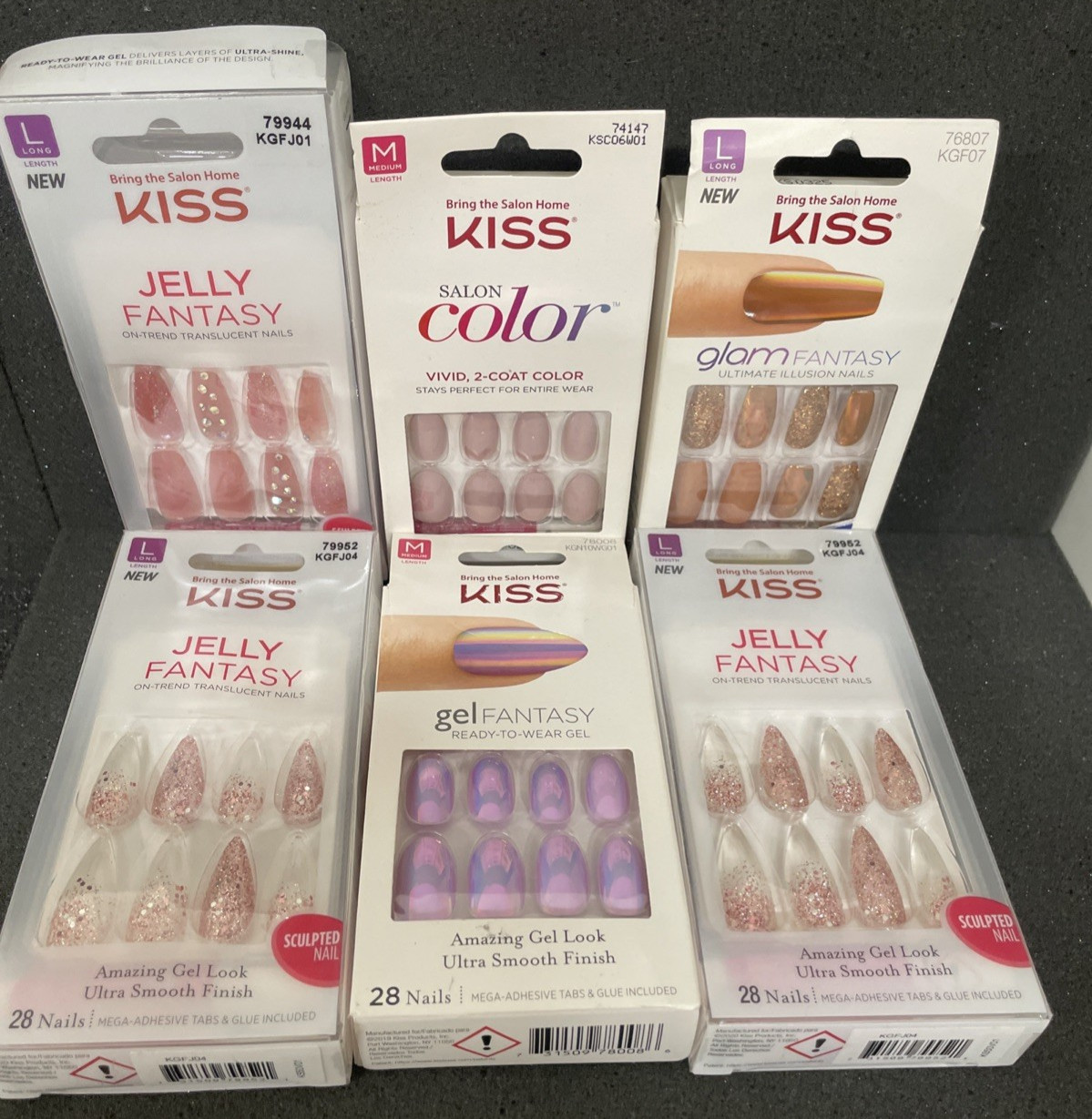 6 Kiss Glue-On Nails Lot Jelly Fantasy, Gel Fantasy, Glam Fantasy Long Med.