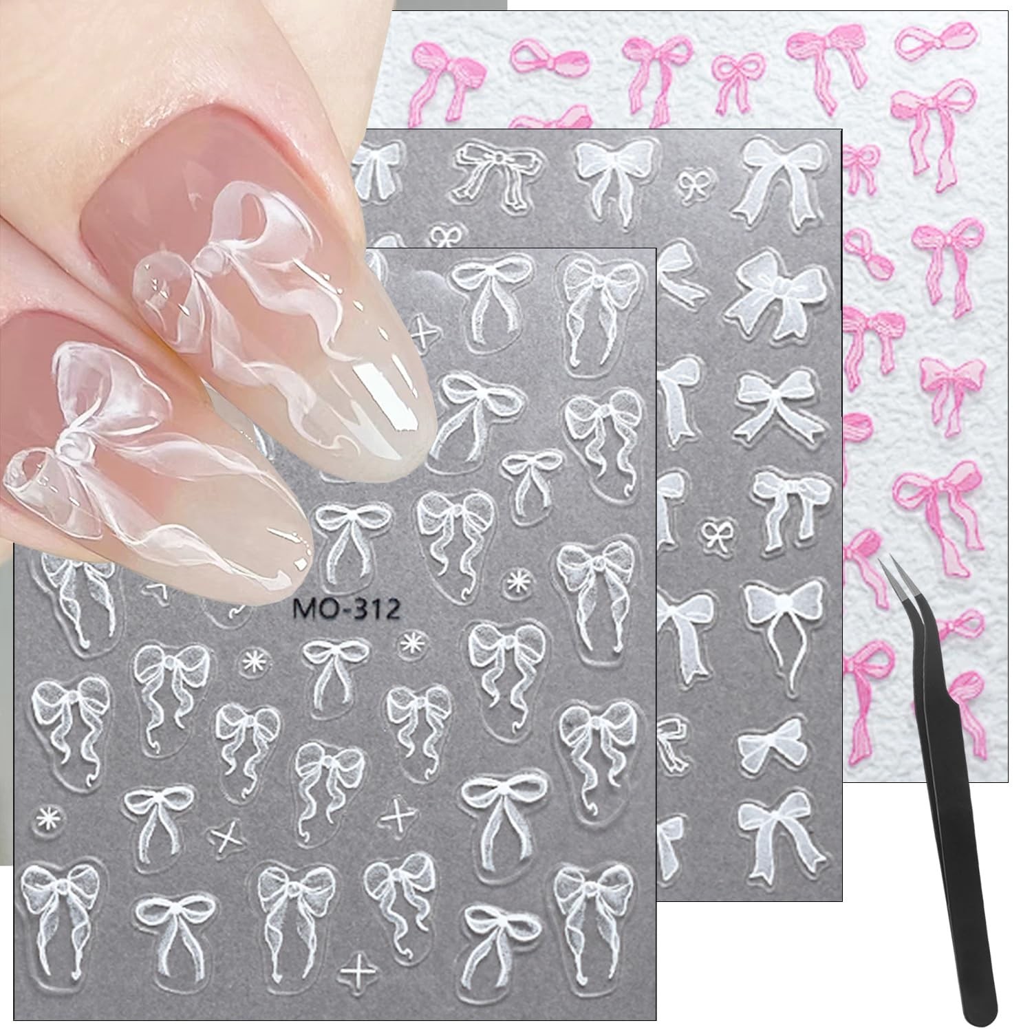 DAJIJIYOU 3sheets 5D Embossed Bow Nail Stickers for Art Pink