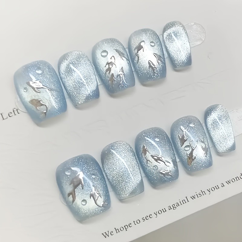 10Pcs Short Square Sapphire Cat Eye Silver Fish Scale Nails