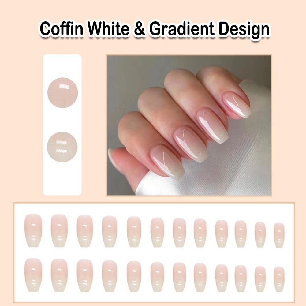 Ombre White Press on Nails Coffin Short Medium Pink on Nails with Gradient De…