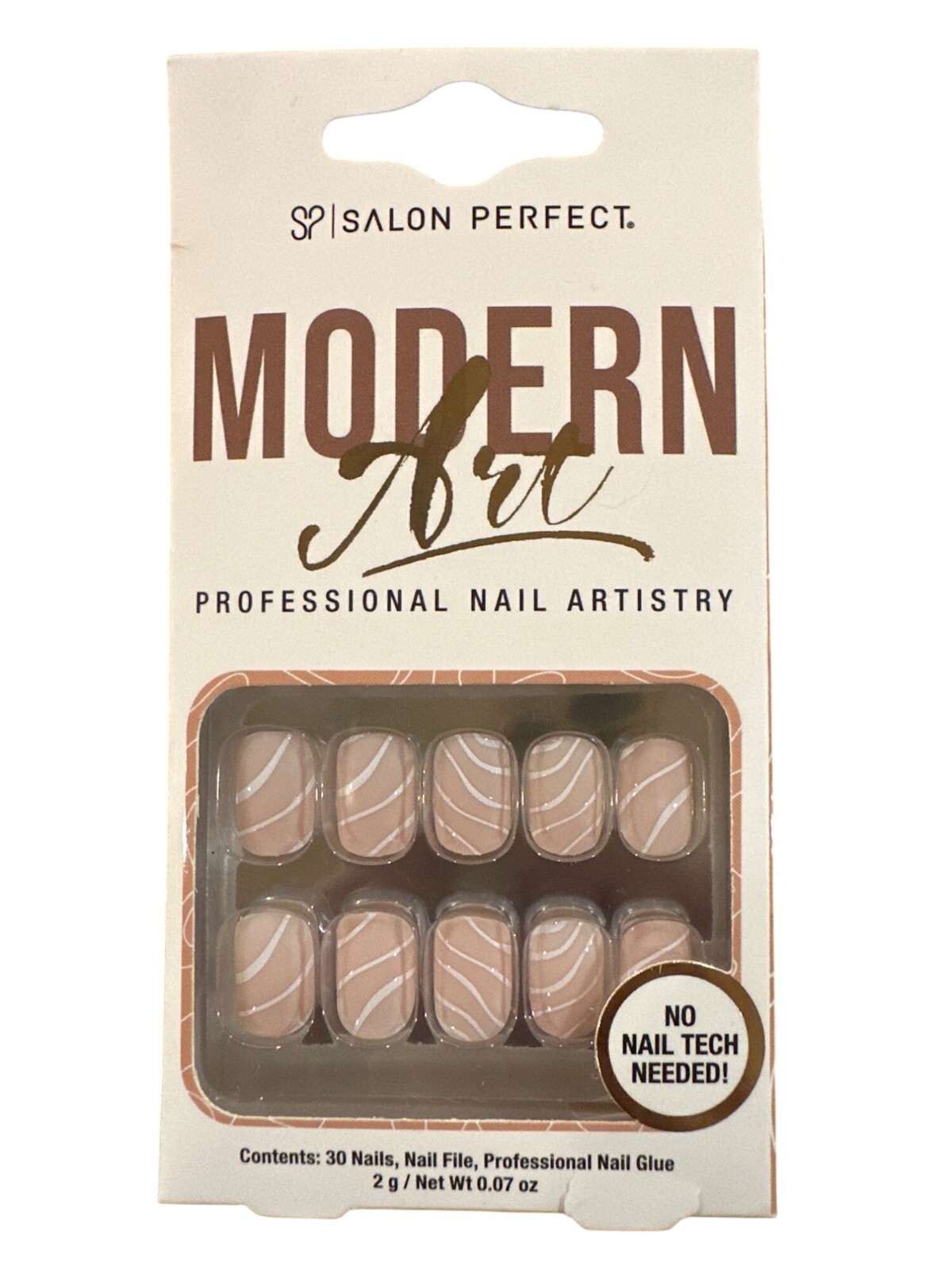 Salon Perfect 30 Nails Modern Art Short Square Matte Tan+White Wave Line Design