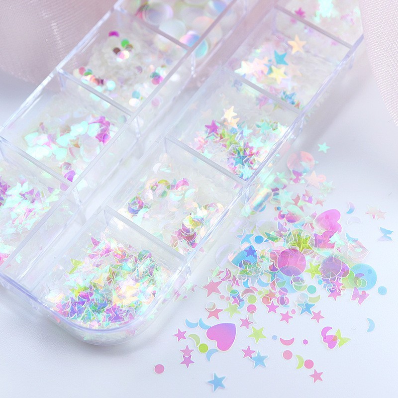 Glitter Nail Art Sequins 12 Grids Butterfly Star Heart Circle Shapes DIY Decor
