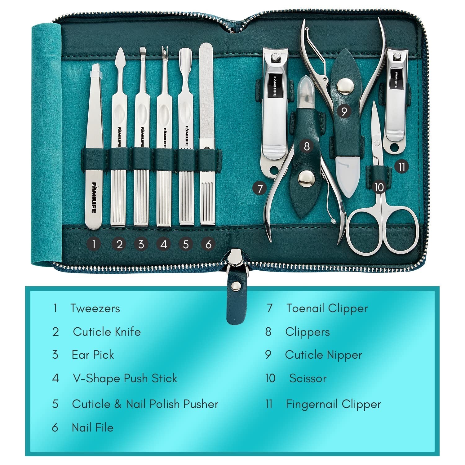Stylish Blue Leather Manicure Kit – 11 Stainless Steel Tools for All Nail Types