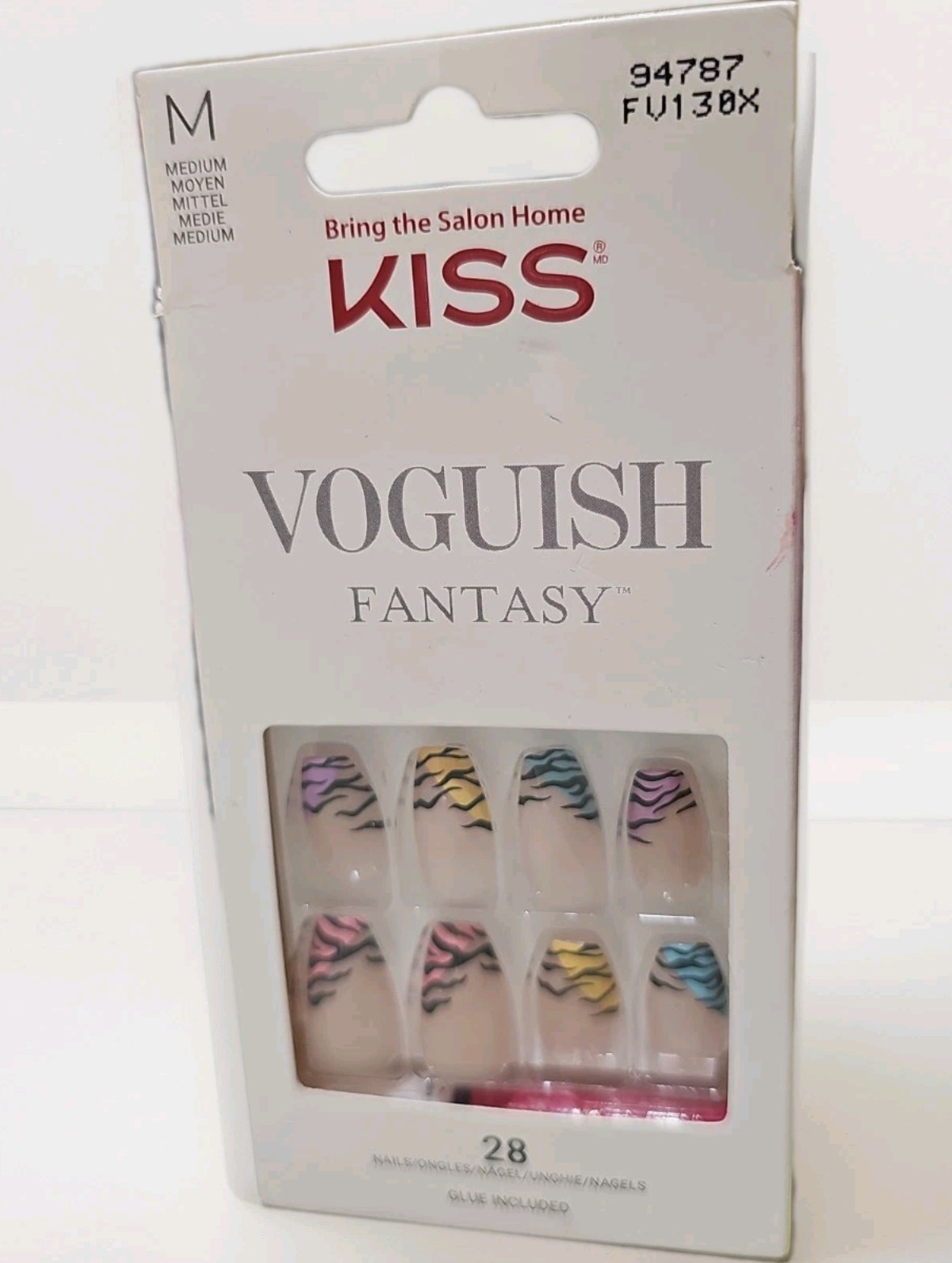 KISS Voguish Fantasy Press On Glue Nails – Pastel w/ Zebra Stripe FV130X