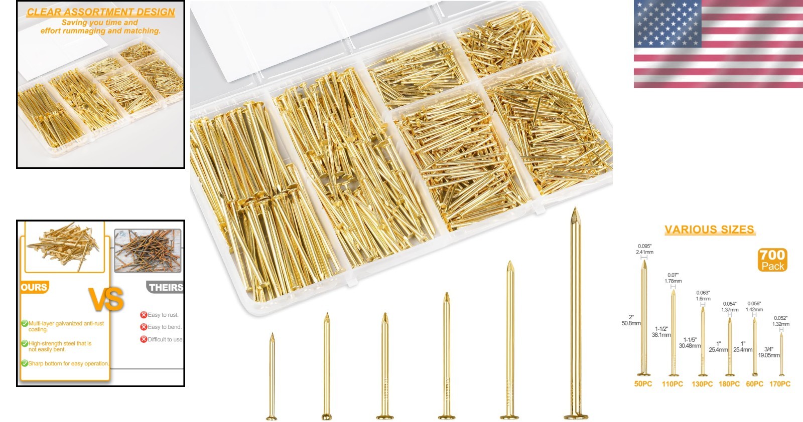 Elegant Gold Picture Hanging Nails Assortment Kit – 700 Pcs for Art Frames