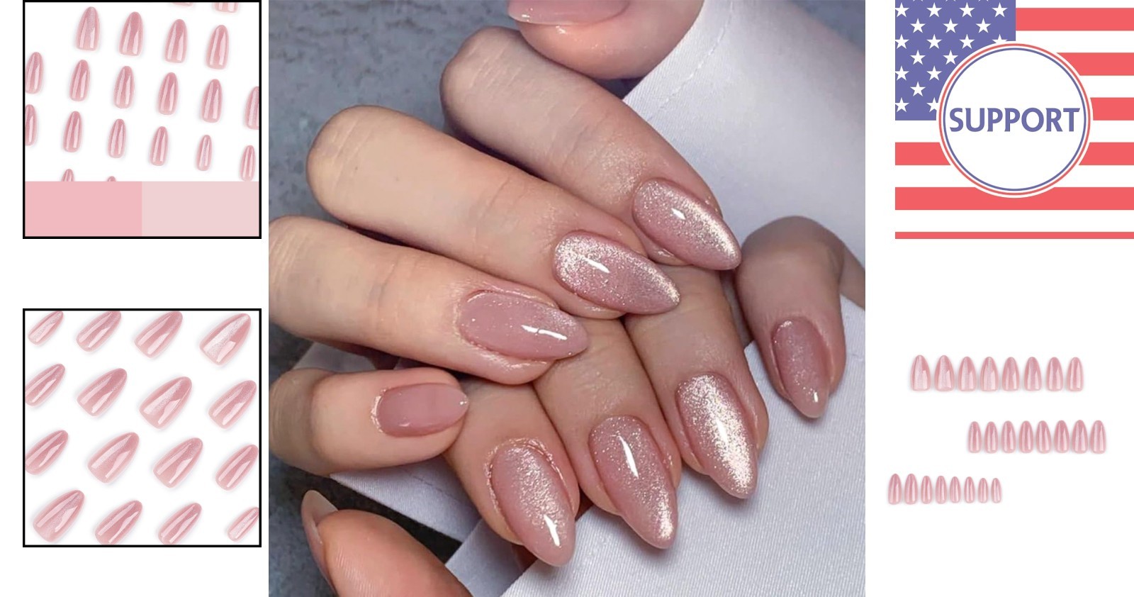 24 Medium Almond Glossy Pink Fake Nails with Glitter – Perfect for Any Occasion