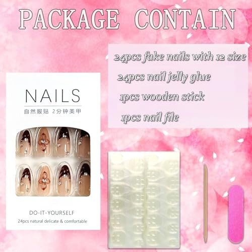 Press on Almond Nails Short Length Glossy Red French and Red Floral Rhinestone