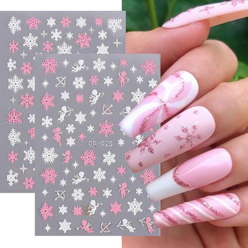 Christmas Pink Nail Art Sticker Decals 3D Self-Adhesive Pink White Snowflake