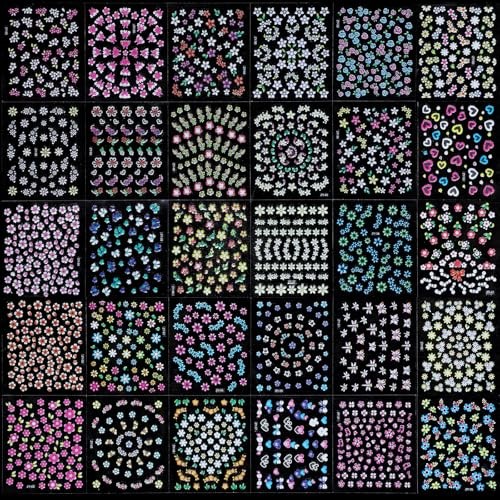Flower Nail Stickers, 30 Sheets Colorful Daisy Cherry Blossoms Rose 3D Flower