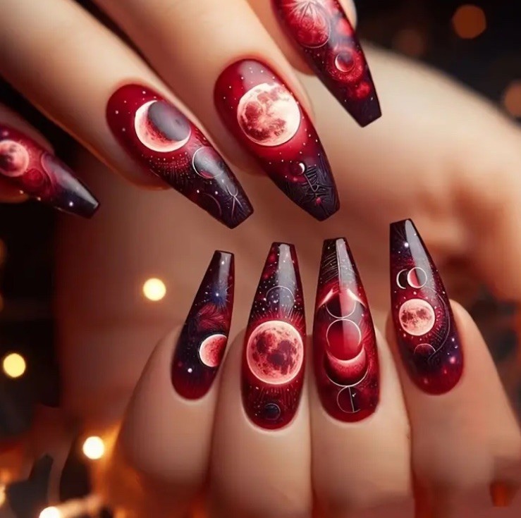 24 Red Moon Celestial Coffin Shaped Long Stiletto Press On Nails incl Glue & Tab