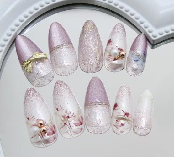 24 Pcs Press-On Nails Long Almond Shiny Light Purple Cateye w/3D Embellishments