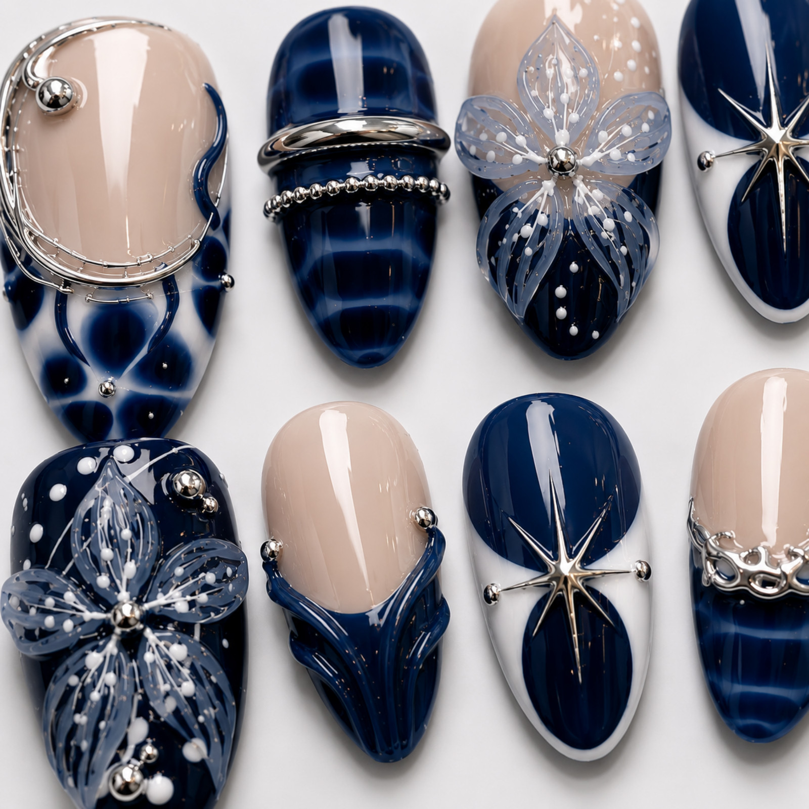 Handmade Navy Blue Nude 3D Floral Press On Nails Silver Chrome Set